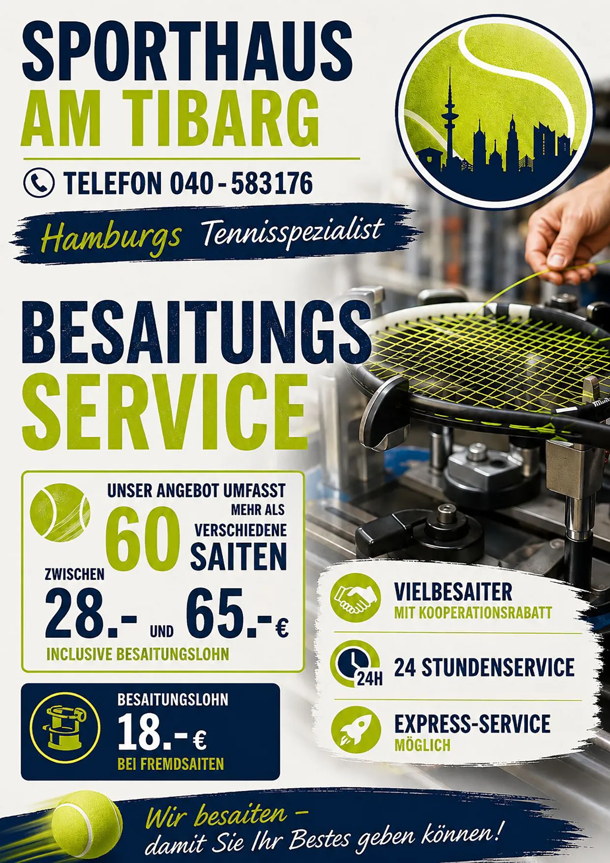 Besaitungsservice im Sporthaus am Tibarg – über 60 verschiedene Saiten zwischen 28 und 65 Euro inklusive Besaitungslohn, Express-Service möglich