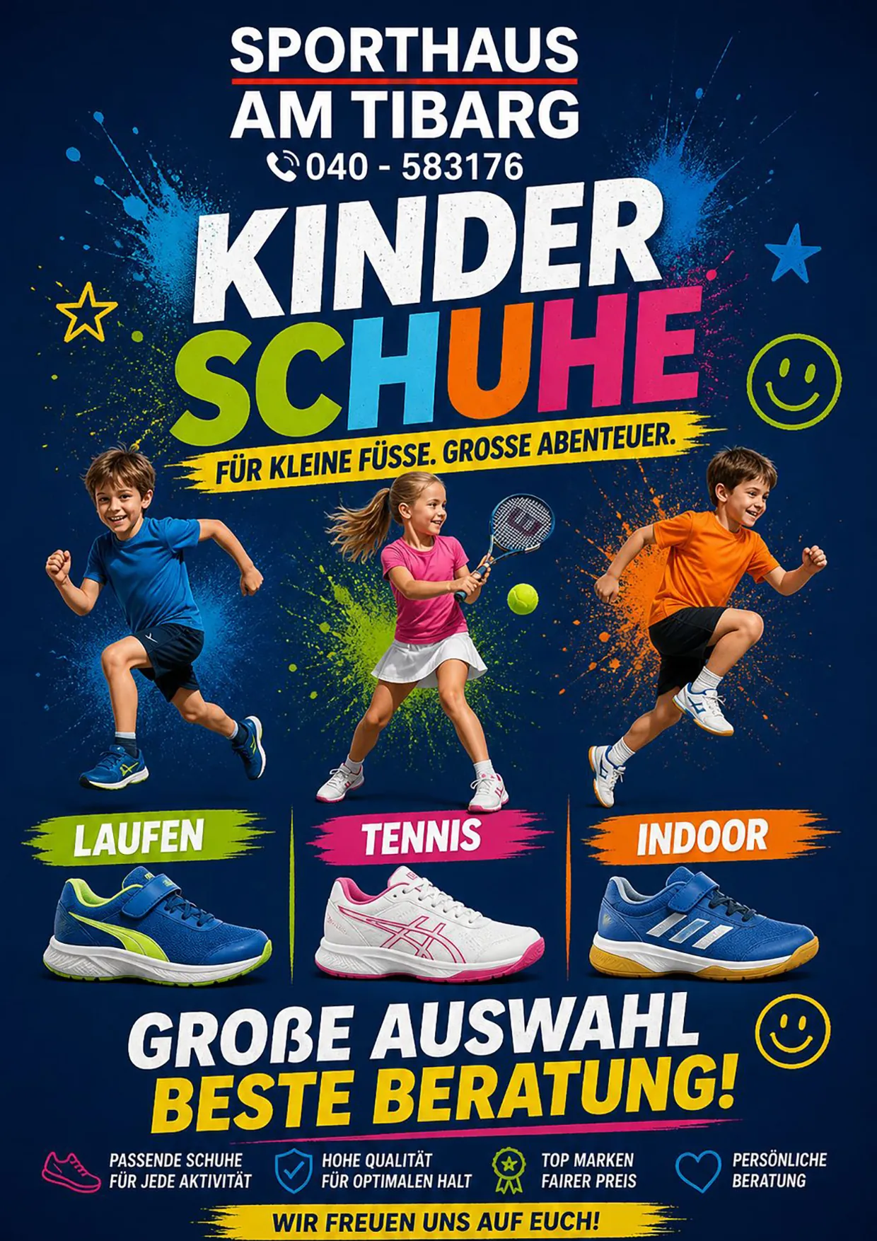 Kinderschuhe für Laufen, Tennis und Indoor – große Auswahl und beste Beratung im Sporthaus am Tibarg